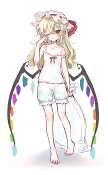  1girl absurdres alternate_hair_length alternate_hairstyle aorin_oekaki bare_arms bare_legs bare_shoulders barefoot blonde_hair bloomers closed_mouth collarbone fang fang_out flandre_scarlet flat_chest full_body hair_between_eyes hat highres long_hair loose_hair_strand mob_cap multicolored_wings one_eye_closed red_eyes red_nails red_ribbon ribbon ribbon-trimmed_headwear ribbon-trimmed_underwear ribbon_trim simple_background skin_fang sleepy solo standing touhou undershirt underwear white_background white_bloomers white_hat wings 