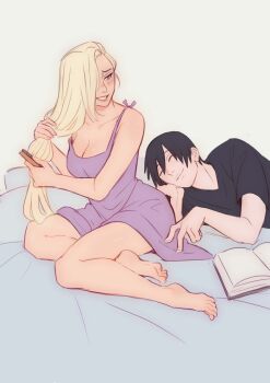  1boy 1girl absurdres bare_arms bare_legs barefoot bed bed_sheet black_hair blonde_hair blue_eyes blush book boruto:_naruto_next_generations breasts brushing_hair cleavage closed_eyes couple dress feet hair_over_one_eye highres husband_and_wife lipstick looking_at_another looking_back makeup naruto:_the_last naruto_(series) naruto_shippuuden nightgown on_bed pale_skin purple_dress sai_(naruto) shirt short_dress sleeveless sleeveless_dress smile soles t-shirt thighs toes xmonday_mintx yamanaka_ino 