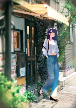  1girl a-chan_(hololive) alternate_costume alternate_hair_length alternate_hairstyle backpack bag black-framed_eyewear black_shoes blue_bow blue_eyes blue_hair blue_pants bow breasts casual closed_mouth cohi27151463 day denim full_body glasses hair_bow hands_in_pockets highres hololive jeans looking_at_viewer medium_hair midriff navel outdoors pants photo_background shirt shoes small_breasts smile solo standing storefront v-neck virtual_youtuber white_shirt 