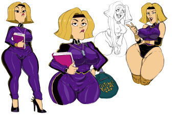  1girl :/ alternate_breast_size_(larger) barefoot black_leotard blonde_hair breasts cameltoe coach_greer curvy disdain headband highleg highleg_leotard highres jacket large_breasts leotard looking_at_viewer looking_to_the_side marvel mature_female medium_hair moon_girl_and_devil_dinosaur multicolored_leotard multiple_views nipples open_clothes open_jacket parted_lips revealing_clothes rx1204 shiny_clothes sitting skindentation smile solo standing thong_leotard two-tone_leotard 