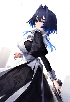  1girl absurdres adarin apron black_dress blue_eyes blue_hair blurry blurry_background breasts colored_inner_hair commentary desert_eagle double-parted_bangs dress embroidered_dress embroidery empire_waist expressionless frilled_apron frills gun hair_between_eyes hair_intakes handgun highres holding holding_gun holding_weapon hololive hololive_english juliet_sleeves large_breasts long_dress long_hair long_sleeves looking_at_viewer maid maid_apron multicolored_hair official_alternate_costume official_alternate_hairstyle ouro_kronii ouro_kronii_(maid) outdoors puffy_sleeves sleeve_cuffs solo symbol-only_commentary trigger_discipline victorian_maid virtual_youtuber weapon white_apron 