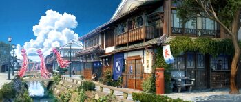  3d absurdly_detailed_composition absurdres architecture banner blue_sky bridge building canal cloud commentary commentary_request day east_asian_architecture english_commentary highres lamppost mixed-language_commentary original outdoors owenxc people photorealistic plant realistic revision scenery sky translation_request tree vines water wind_chime 