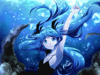  1girl armpits blue_eyes blue_hair breasts cleavage female_focus hatsune_miku long_hair mariwai_(marireroy) matching_hair/eyes pointing shinkai_shoujo_(vocaloid) shinri_ibitsu small_breasts smile solo twintails underwater very_long_hair vocaloid water  rating:Sensitive score:11 user:danbooru