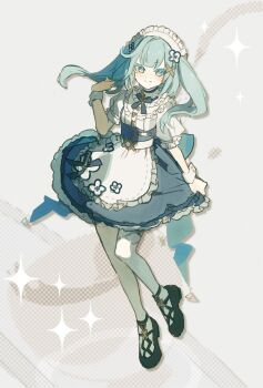  1girl apron black_shoes blue_hair blue_skirt closed_mouth commentary_request faruzan_(genshin_cafe_in_seoul)_(genshin_impact) faruzan_(genshin_impact) frilled_apron frills full_body genshin_impact green_eyes grey_background hair_ornament kuunog long_hair looking_at_viewer maid_headdress puffy_sleeves shoes short_sleeves skirt solo sparkle symbol-shaped_pupils thighhighs triangle-shaped_pupils twintails waist_apron white_apron white_thighhighs wrist_cuffs x_hair_ornament 