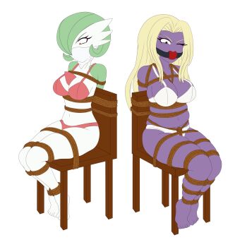  2girls absurdres ass ball_gag bare_shoulders bdsm belly blonde_hair bob_cut bondage bound bra breasts brown_rope chair cleavage cloth_gag collarbone colored_skin ears eyelashes feet gag gagged gagmanzx gardevoir gen_1_pokemon gen_3_pokemon green_hair green_skin highres huge_ass improvised_gag jynx large_breasts legs lips long_eyelashes long_hair multiple_girls navel nintendo panties pink_bra pink_panties pink_straps plump png_conversion pokemon pokemon_(creature) purple_eyes purple_lips purple_skin red_eyes rope shiny_skin short_hair strap thick_eyebrows thick_eyelashes thick_thighs thighs toes underwear very_long_hair white_bra white_panties white_skin white_straps wide_hips  rating:Questionable score:13 user:BigStudBen