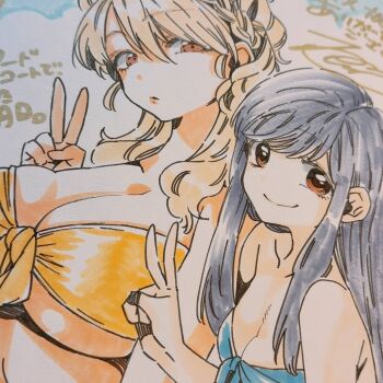  2girls bikini black_hair blonde_hair braid breasts brown_eyes cleavage commentary_request food_court_de_mata_ashita front-tie_bikini_top front-tie_top highres large_breasts long_hair looking_at_viewer multiple_girls nariie_shin'ichirou navel photo_(medium) shikishi side-by-side small_breasts smile swimsuit traditional_media underboob v wada_(food_court) yamamoto_(food_court) 