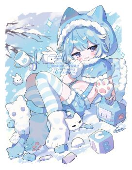  1girl animal animal_hands animal_hat asymmetrical_legwear blue_capelet blue_eyes blue_hair blue_hat blue_socks blue_thighhighs blunt_bangs blush_stickers boots borrowed_character capelet cat_hat commentary commission cotono_(nazekun) cup day double-parted_bangs full_body fur-trimmed_shorts fur_trim gloves grin hat highres kneehighs looking_at_viewer mug multicolored_hair no_shirt original outdoors paw_gloves paw_shoes rabbit short_hair shorts single_kneehigh single_sock single_thighhigh sitting skeb_commission smile snow snowing socks solo sparkle striped_clothes striped_socks striped_thighhighs suspender_shorts suspenders thighhighs toothbrush two-tone_hair uneven_legwear watermark white_boots white_hair winter 