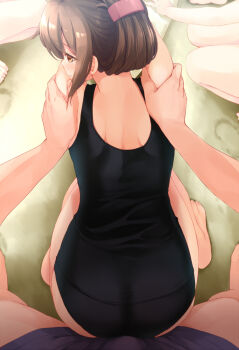 10s 1girl ass back bare_arms barefoot black_one-piece_swimsuit blush brown_eyes brown_hair bulge bulge_to_ass buttjob buttjob_over_clothes dry_humping erection erection_under_clothes feet folded_ponytail from_behind grinding hetero holding_another's_arm humping inazuma_(kancolle) kadokawa_shoten kantai_collection komone_ushio long_hair looking_back male_swimwear one-piece_swimsuit out_of_frame petite pov purple_male_swimwear purple_swim_trunks sand school_swimsuit shoulder_blades solo_focus squatting swim_trunks swimsuit thighs rating:Questionable score:244 user:danbooru
