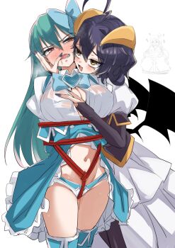  3girls ahoge bat_wings bdsm black_hair blush bondage bound bow breasts cleavage commentary_request covered_erect_nipples drooling eye_contact fang femdom forward-facing_horns grabbing_another's_breast grey_hair groping hair_bow heart heart_ahoge highres hiiragi_utena himejoshi horns large_breasts long_hair looking_at_another low_wings magia_azure magia_baiser magical_girl mahou_shoujo_ni_akogarete medium_hair minakami_sayo momomori_momo monocle multiple_girls nail_polish navel open_mouth pantano_pesca panties ponponpain65536 red_eyes rope saliva simple_background skin_fang sweat tears underwear very_long_hair white_background wings yellow_eyes yuri 