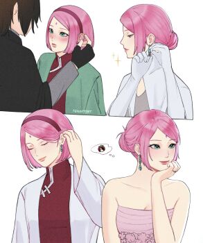  1boy 1girl adjusting_another's_hair adjusting_earrings adjusting_hair artist_name black_cloak black_gloves black_hair blush bob_cut boruto:_naruto_next_generations cloak closed_eyes closed_mouth coat commentary couple cropped_arm cropped_arms cropped_torso dress dress_flower earrings elbow_gloves english_commentary eyelashes facial_mark film_grain fingerless_gloves flower forehead_mark gloves green_eyes green_jacket grey_shirt hair_bun hair_over_one_eye hairband haruno_sakura head_rest height_difference hetero highres husband_and_wife jacket jewelry lab_coat light_smile looking_at_another looking_down looking_to_the_side mandarin_collar multiple_views naruto_(series) open_clothes open_coat open_jacket pink_dress pink_hair profile red_hairband red_shirt ring shirt single_hair_bun sleeveless sleeveless_dress sparkle spoken_character strapless strapless_dress stud_earrings swept_bangs teardrop_earrings tenartistt thinking tube_dress turquoise_(gemstone) uchiha_sasuke upper_body wedding_ring white_background white_coat white_gloves white_trim 