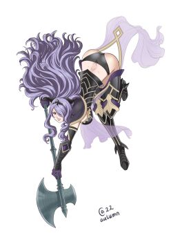  1girl armor armored_boots armored_corset artist_name ass attack autumn-sacura axe back bent_over black_armor black_boots black_panties black_tiara boots breastplate breasts butt_crack camilla_(fire_emblem) capelet fire_emblem fire_emblem_fates gloves gold_trim hair_over_one_eye highres holding holding_axe holding_weapon intelligent_systems large_breasts lips loincloth long_hair mature_female nintendo no_background panties parted_lips purple_hair red_eyes smug solo thick_thighs thigh_boots thighhighs thighs tiara underwear vambraces wavy_hair weapon  rating:Sensitive score:26 user:WashiZ