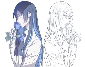  1girl ado_(utaite) blue_eyes blue_flower blue_hair blue_rose chando_(ado) flower highres kkeraku long_hair mole mole_under_eye multiple_views nail_polish rose shade shirt upper_body utaite white_shirt 