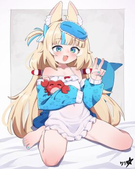  1girl :d absurdres animal_ear_fluff barefoot blue_nails boppin breasts covered_navel crab fangs highres holding holding_stuffed_toy indie_virtual_youtuber long_hair looking_at_viewer multicolored_eyes multicolored_hair on_bed open_mouth petite ribbon sameko_saba sitting small_breasts smile stuffed_animal stuffed_toy tail victory_pose virtual_youtuber wariza 