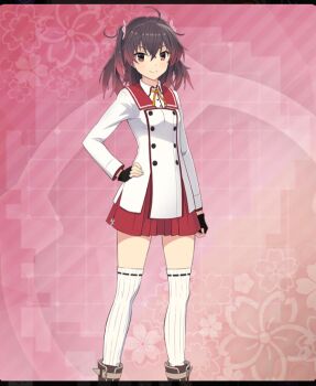  1girl ahoge asakura_mihono black_gloves boots breasts brown_boots brown_hair buttons closed_mouth dot_nose double-breasted double-parted_bangs feet_out_of_frame fingerless_gloves floral_background flower game_cg gloves gradient_hair hair_flower hair_ornament hand_on_own_hip long_sleeves looking_at_viewer medium_hair minoseki_academy_school_uniform multicolored_hair neck_ribbon official_art pink_background pink_flower red_eyes red_hair red_sailor_collar red_skirt ribbed_thighhighs ribbon sailor_collar school_uniform shirt skirt small_breasts smile solo thighhighs third-party_source toji_no_miko toji_no_miko:_kizamishi_issen_no_tomoshibi twintails variant_set white_shirt white_thighhighs yellow_ribbon zettai_ryouiki 