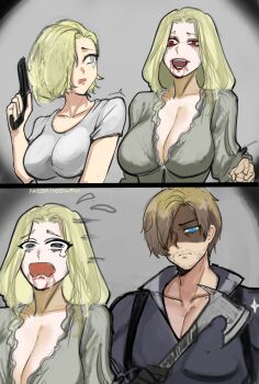  1boy 2girls absurdres axe battle_axe blonde_hair breasts commentary english_commentary grace_ashcroft hair_over_one_eye highres holding holding_axe large_breasts large_pectorals leon_s._kennedy long_hair multiple_girls muscular muscular_male nero_watch pectorals resident_evil resident_evil_requiem scared selena_corey tall_male weapon zombie 