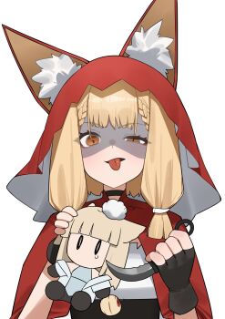  1girl animal_ear_fluff animal_ears arknights arknights:_endfield black_gloves blonde_hair cape doll dress ears_through_headwear ears_through_hood fingerless_gloves flasso gloves highres holding holding_doll holding_knife hood hood_up hooded_cape knife looking_at_viewer low-tied_sidelocks meme perlica_(arknights) red_cape rigby_the_cat_(meme) rossi_(arknights) sidelocks simple_background solo straight-on tongue tongue_out upper_body white_background white_dress wolf_ears wolf_girl yellow_eyes 