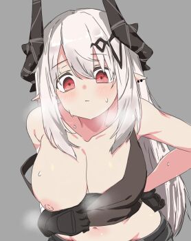  1girl alternate_costume arknights bare_shoulders black_gloves blush breasts cleavage closed_mouth clothes_pull collarbone from_above gloves grey_background grey_hair hand_on_own_hip highres horns large_breasts long_hair looking_at_viewer looking_up mudrock_(arknights) naizilao navel nipples one_breast_out pointy_ears pulling_own_clothes red_eyes shirt_pull sidelocks simple_background solo steaming_body sweat tank_top very_long_hair  rating:Questionable score:40 user:danbooru