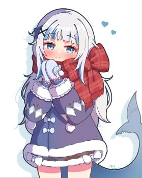  1girl absurdres blue_coat blue_eyes blue_hair blue_mittens blush bow closed_mouth coat fins fish_tail gawr_gura gawr_gura_(winter_casual) grey_hair hair_ornament heart highres hololive hololive_english long_hair looking_at_viewer mittens multicolored_hair official_alternate_costume official_alternate_hair_length official_alternate_hairstyle own_hands_together red_scarf scarf scarf_bow shark_girl shark_tail shutowl simple_background smile solo tail virtual_youtuber white_background winter_clothes winter_coat x_hair_ornament  rating:General score:8 user:danbooru