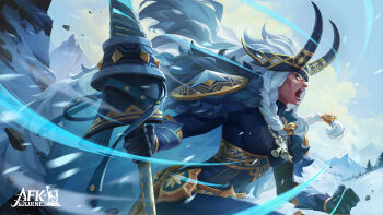  1girl afk_(series) afk_journey alna_(afk) armor armored_dress braid charging_forward clenched_hand commentary copyright_logo dark-skinned_female dark_skin dress english_commentary gauntlets glowing glowing_eyes grey_hair headpiece highres holding holding_weapon jewelry logo long_hair motion_lines mountain necklace official_art official_wallpaper open_mouth shoulder_armor shouting snow snowing solo speed_lines twin_braids upper_body vambraces very_long_hair weapon winter yellow_eyes 