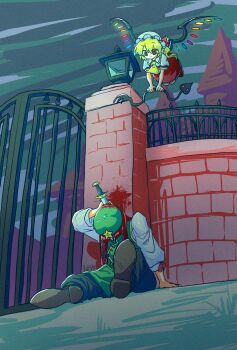  2girls ascot beret blonde_hair blood blood_on_clothes braid collared_shirt commentary_request crystal crystal_wings doggo_1d34 flandre_scarlet flying gate green_pants hat hat_ornament hat_ribbon highres holding holding_weapon hong_meiling knife knifed laevatein_(touhou) mob_cap multicolored_wings multiple_girls one_side_up outdoors pants puffy_short_sleeves puffy_sleeves red_eyes red_hair red_skirt red_vest ribbon scarlet_devil_mansion shirt shoes short_sleeves sitting skirt skirt_set star_(symbol) star_hat_ornament touhou vest weapon white_hat white_shirt wings yellow_ascot 