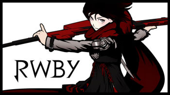  1girl black_hair breasts cloak closed_mouth copyright_name determined dress facing_viewer fighting_stance grey_eyes hands_up holding holding_scythe holding_weapon long_sleeves looking_at_viewer made_in_2014 monty_oum multicolored_hair official_art polearm red_cloak red_hair ruby_rose rwby scythe serious short_hair solo tagme weapon white_background  rating:General score:8 user:TheSittingTraveller