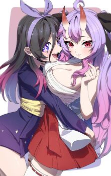 2girls ahoge alice_hoshihime artist_request black_hair breasts chest_wrap cleavage highres horns hug indie_virtual_youtuber kamihoshi_project large_breasts long_hair multiple_girls prisma_alice purple_eyes purple_hair red_eyes red_skirt skirt syd_karasukami virtual_youtuber white_background yuri