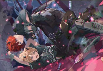  2boys amagi_hiiro bat_wings bishounen black_boots black_gloves black_pants black_shirt blonde_hair blue_eyes boots candy chromatic_aberration demon_boy demon_tail ensemble_stars! food gloves green_eyes horns lollipop looking_at_viewer male_focus mc_copycat multiple_boys open_mouth pants parted_lips partially_fingerless_gloves red_hair shiratori_aira_(ensemble_stars!) shirt short_hair tail torn_clothes torn_pants wings 