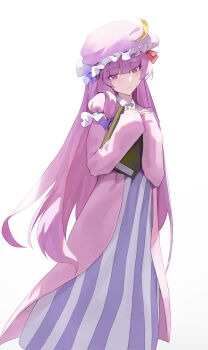  1girl akeguchi book bow closed_mouth commentary crescent crescent_hat_ornament dress hair_bow hat hat_ornament highres holding holding_book long_hair long_sleeves mob_cap patchouli_knowledge pink_dress pink_hat purple_bow purple_eyes purple_hair simple_background solo striped_clothes striped_dress touhou vertical-striped_clothes vertical-striped_dress very_long_hair white_background 