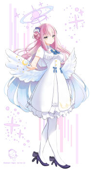  1girl absurdres angel_wings aqua_hair blue_archive breasts buttons capelet commentary_request doodle_sensei_(blue_archive) double-breasted dress feathered_wings flower frilled_dress frills from_side full_body gradient_hair hair_bun hair_flower hair_ornament halo high_heels highres long_hair looking_at_viewer low_wings medium_breasts mika_(blue_archive) multicolored_hair open_mouth pantyhose pink_hair pink_halo pumps rswifhand sensei_(blue_archive) simple_background single_hair_bun single_side_bun smile solo very_long_hair white_background white_capelet white_pantyhose white_wings wing_ornament wings yellow_eyes 