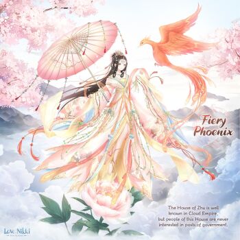  artist_request backlighting beads black_hair blue_eyes blue_sky character_name cherry_blossoms chinese_clothes circlet cloud copyright_logo day dot_nose english_text expressionless fiery_phoenix_(miracle_nikki) floating_hair flower forehead hagoromo hair_beads hair_bun hair_ornament hair_rings hair_tubes half_updo hanfu holding holding_umbrella logo long_hair long_sleeves looking_at_viewer lotus low-tied_sidelocks miracle_nikki mountain nikki_(series) official_art oil-paper_umbrella outdoors outstretched_hand parted_lips phoenix_print pink_flower pink_hanfu pink_umbrella plant print_sleeves shawl sidelocks single_hair_bun sky spring_(season) tassel tassel_hair_ornament third-party_source tree umbrella very_long_hair vines wide_sleeves wind yellow_shawl 