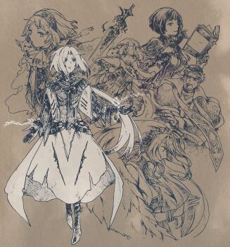 2boys 4girls animal animal_on_shoulder another_eden arm_guards arm_up ascot belt bob_cut book boots bracelet brown_background brown_theme chain clarte_(another_eden) commentary_request curtained_hair dress floating floating_hair floating_object floating_sword floating_weapon flower full_body gloves hair_flower hair_ornament hairband hand_up hat hatching_(texture) high_collar highres holding holding_book jewelry linear_hatching long_hair long_sleeves low_ponytail magic melina_(another_eden) michibata_65 mistrare_(another_eden) moke_(another_eden) monochrome multiple_boys multiple_bracelets multiple_girls noah_(another_eden) open_clothes open_mouth open_robe paper_texture parted_bangs parted_lips ponytail prai_(another_eden) robe rosetta_(another_eden) scar scar_across_eye scar_on_face short_hair shouting sideways_glance simple_background sleeveless sleeveless_dress smile standing stole sweatdrop sword thillelille_(another_eden) very_long_hair weapon wide_sleeves wings zucchetto