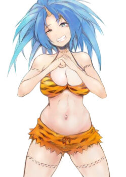  1girl abstract_background animal_print aqua_hair arm_tattoo bare_arms bare_shoulders belly blue_hair bra breasts commentary_request demon_horns evil_grin evil_smile grin horns ishikawa_hiroji japanese_mythology large_breasts leg_tattoo looking_at_viewer medium_hair midriff navel neck_tattoo oni original outie_navel short_shorts shorts single_horn smile solo solo_focus tattoo thighs underwear white_background 
