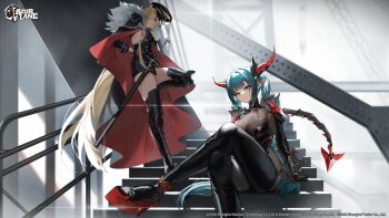  2girls absurdres arm_support artist_request azur_lane bismarck_(azur_lane) bismarck_zwei_(azur_lane) black_boots blonde_hair blue_eyes bodystocking boots breasts cape commentary copyright_name copyright_notice crossed_legs dragon_girl dragon_horns dragon_tail green_hair hat highres horns kamui_(kurohshiro1) leg_up long_hair looking_at_viewer mechanical_horns mechanical_tail multiple_girls official_art peaked_cap platform_heels pointy_ears regensburg_(azur_lane) scabbard sheath sideboob_cutout sitting smile stairs standing standing_on_one_leg sword tail thigh_boots very_long_hair weapon yellow_eyes  rating:Sensitive score:4 user:danbooru