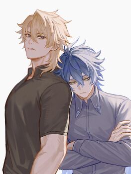  2boys black_shirt blonde_hair blue_eyes blue_hair collared_shirt commentary_request double-parted_bangs flins_(genshin_impact) genshin_impact grey_shirt hair_behind_ear hair_between_eyes head_on_another's_shoulder highres long_sleeves looking_at_another looking_down looking_to_the_side male_focus multiple_boys nun1425485 open_collar parted_lips shirt short_sleeves sideways_glance simple_background upper_body varka_(genshin_impact) white_background wing_collar yellow_eyes 