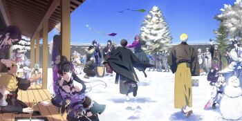  6+boys 6+girls absurdres aia_amare alban_knox alternate_costume architecture blue_sky by_the_beat calligraphy_brush character_snowman claude_clawmark clear_sky commentary_request costume_request dango day denauth doppio_dropscythe east_asian_architecture elira_pendora elira_pendora_(2nd_costume) enna_alouette ethyria everyone facepaint finana_ryugu finana_ryugu_(2nd_costume) food footprints freodore_(nijisanji) geta hagoita hakama hakama_skirt hane_(hanetsuki) hanetsuki haori haori_himo happy_new_year highres holding holding_calligraphy_brush holding_paintbrush iluna_(nijisanji) ink japanese_clothes kaelix_debonair kakizome kimono kine kite kite_flying klara_charmwood krisis lazulight long_skirt luca_kaneshiro luxiem maid mallet maria_marionette meloco_kyoran millie_parfait mochi mochitsuki mortar_(bowl) multiple_boys multiple_girls new_year nijisanji nijisanji_en noctyx obi obidome obijime official_alternate_costume okobo outdoors paddle paintbrush paper petra_gurin pine_tree platform_sandals ren_zotto ryoma_barrenwort sandals sash scarle_yonaguni seible_(nijisanji) shu_yamino skirt sky snow snowman so_un_so sonny_brisko tabi tree tsukimi_dango uki_violeta vantacrow_bringer ver_vermillion veranda vezalius_bandage virtual_youtuber vox_akuma wa_maid wagashi walking waving winter writing xsoleil yu_q._wilson zeal_ginjoka zouri 