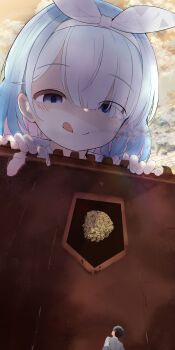  1boy 1girl absurdres arona_(blue_archive) black_hair blue_archive blue_eyes blue_hair bow_hairband chroma_corp commentary english_commentary giant giantess hair_over_one_eye hairband highres licking_lips paid_reward_available parody sensei_(blue_archive) shingeki_no_kyojin short_hair tongue tongue_out white_hairband 