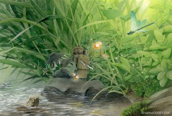  1other bead_necklace beads black_hakama bug commentary_request dragonfly fishing fishing_rod flower gourd green_kimono hakama hakama_pants hat highres holding holding_fishing_rod insect japanese_clothes jewelry jingasa kimono lantern mask mummy necklace original outdoors pants paper paper_lantern plant river rock seiza shide sitting tama_(amedamadou) tassel toad_(animal) twitter_username white_flower wide_sleeves 