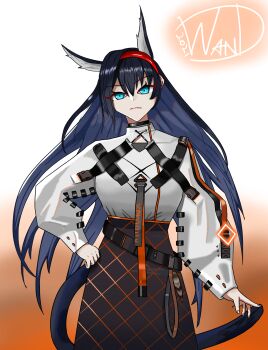  1girl absurdres animal_ears arknights artist_name belt black_belt black_hair black_skirt blaze_(arknights) blue_eyes cat_ears cat_girl cat_tail closed_mouth cosplay cowboy_shot extra_ears gradient_background hairband hand_on_own_hip high-waist_skirt highres jacket long_hair long_sleeves looking_at_viewer orange_background puffy_long_sleeves puffy_sleeves red_hairband saria_(arknights) saria_(arknights)_(cosplay) shirt skirt solo tail uselesswand very_long_hair white_background white_jacket white_shirt 