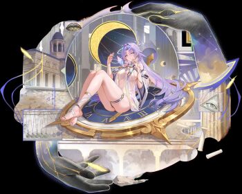  breast_curtains breasts cleavage clothing_cutout highres large_breasts long_hair purple_hair riichi_city solo thick_thighs thighs 