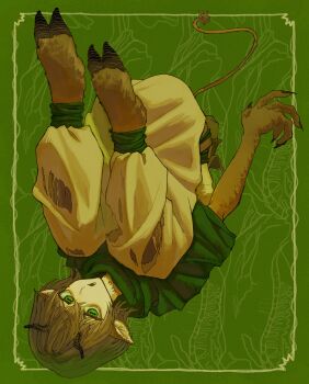  1other animal_feet animal_hands brown_hair chimera claws commentary_request douk1_1kigire full_body goat goat_horns green_eyes green_shirt highres hooves horizontal_pupils horns open_mouth original pants shirt short_hair tail torn_clothes torn_pants 