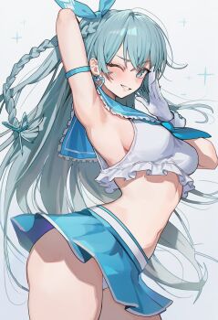 1girl ai-generated aqua_eyes aqua_hair aqua_ribbon arched_back arm_behind_head arm_strap arm_up armpits ass beckoning black_survival blue_sailor_collar blue_skirt blush braid breasts cowboy_shot earrings emma_hardy eternal_return:_black_survival frills gloves hair_ribbon heart heart_earrings highres illustchuki jewelry looking_at_viewer medium_breasts midriff miniskirt navel panties panty_peek parted_lips pleated_skirt ribbon sailor_collar sideboob single_braid skirt smile solo sparkle underwear white_gloves white_panties rating:Sensitive score:10 user:danbooru