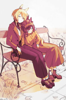  2girls absurdres animal_ears arm_around_shoulder bench bow closed_eyes closed_mouth commentary_request daiichi_ruby_(umamusume) drill_hair drill_sidelocks ear_covers ear_flower hair_between_eyes hair_bow hair_ornament highres horse_ears horse_girl horse_tail jacket k.s.miracle_(umamusume) leaning_on_person leaning_to_the_side long_hair long_sleeves multiple_girls on_bench open_clothes open_jacket pants saramiao-chan shirt shoes short_hair side_drill sidelocks sitting skirt sleeping socks tail twin_drills umamusume vest yuri 