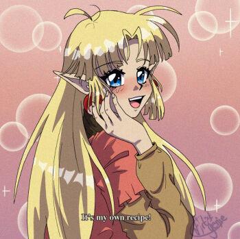  1990s_(style) 1girl anime_coloring blonde_hair blue_eyes blush bubble commission commissioner_upload deltaflareon dress earrings elf english_text fake_screenshot film_grain hand_on_own_cheek hand_on_own_face hoop_earrings jewelry long_hair long_sleeves looking_at_viewer lotte_farona official_art open_mouth orange_dress orange_shirt parody parted_bangs pink_background pointy_ears retro_artstyle shirt signature smile solo sparkle style_parody subtitled teeth upper_body upper_teeth_only ways_of_darkness_(series) 