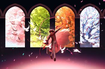  1boy absurdres arcade_(architecture) arch arm_up autumn autumn_leaves bird black_hat black_shoes brown_coat cape cherry_blossoms coat commentary confetti dove english_commentary falling_petals full_body grey_pants hat highres holding holding_unworn_clothes holding_wand irar1102 klein_moretti leaf long_sleeves lord_of_the_mysteries magic_trick male_focus maple_leaf merlin_hermes open_clothes open_coat outstretched_arm outstretched_arms pants petals plaid_clothes plaid_vest red_ribbon red_vest ribbon seasons shirt shoes short_hair smile solo spread_arms spring_(season) standing string summer top_hat tree two-sided_cape two-sided_fabric unworn_hat unworn_headwear vest walking wand wide_shot winter 