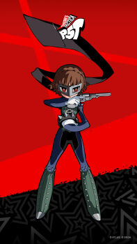  1girl atlus black_background black_bodysuit black_scarf blue_bodysuit blue_boots bodysuit boots braid breasts brown_hair closed_mouth company_name copyright_name cross-laced_clothes crown_braid domino_mask eye_mask full_body gloves gun handgun highres holding holding_gun holding_weapon knee_boots legs_apart looking_at_viewer mask niijima_makoto non-web_source official_art oribe_hanako parted_bangs persona persona_5 persona_5_tactica queen_(persona_5) red_background red_eyes revolver scarf second-party_source short_hair shoulder_spikes solo spiked_knuckles spikes standing star_(symbol) star_symbol_background weapon 