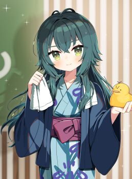  1girl blue_kimono blush closed_mouth commentary_request gakuen_idolmaster green_eyes green_hair haori highres holding holding_rubber_duck holding_towel idolmaster japanese_clothes kimono long_hair long_sleeves looking_at_viewer noi_mine obi red_sash rubber_duck sash smile solo sparkle striped_background towel tsukimura_temari upper_body vertical-striped_background wide_sleeves 