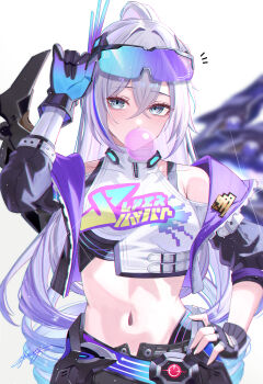  1girl absurdres adjusting_eyewear blowing_bubble_gum chewing_gum commentary_request drill_hair drill_ponytail eyewear_on_head fingerless_gloves gloves goggles gradient-tinted_eyewear gradient_hair grey_eyes grey_hair highres honkai:_star_rail honkai_(series) jacket long_hair miya-chan_(lightning0730) multicolored_hair navel official_alternate_design purple-tinted_eyewear purple_jacket silver_wolf_(honkai:_star_rail) silver_wolf_(lv.999)_(honkai:_star_rail) simple_background single_fingerless_glove solo tinted_eyewear very_long_hair white_background 