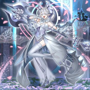  3girls arianna_the_labrynth_servant arianne_the_labrynth_servant breasts commentary_request corrupted_twitter_file dancing demon_girl dress duel_monster english_text falling_petals gloves grey_eyes grey_hair hair_between_eyes hand_to_hand high_heels highres holding holding_polearm holding_weapon hucydin lovely_labrynth_of_the_silver_castle multiple_girls official_style ojou-sama_pose parody petals polearm silhouette solo_focus standing standing_on_one_leg style_parody textless_version thighhighs weapon white_gloves yu-gi-oh! 