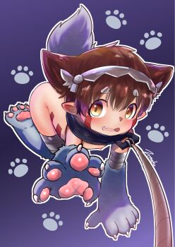  1boy all_fours animal_ears artist_request blush brown_eyes brown_hair collar completely_nude gloves highres leash looking_at_viewer made_in_abyss male_focus mechanical_arms mechanical_legs nude open_mouth paw_gloves reg_(made_in_abyss) shota solo tail wolf_boy wolf_ears wolf_tail 