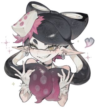  black_hair callie_(splatoon) callie_(squid_sisters_outfit)_(splatoon) commentary_request earrings gloves inkling jewelry long_hair mole mole_under_eye nintendo pointy_ears smile splatoon_(series) splatoon_1 tentacle_hair togetoge yellow_eyes 